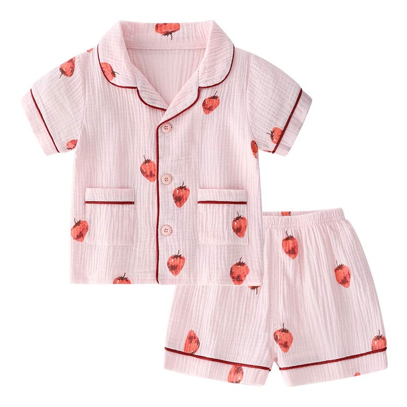 BINIDUCKLING Kids Pajamas Girls Cotton Summer Pjs 8-9 Years Strawberry - Image 1